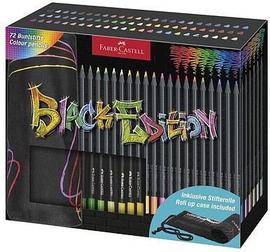 Faber-Castell Black Edition Estojo de Enrolar de 72 Lápis de Cor - Mina Supermacia - Madeira Preta - Ideais para Desenho sobre Papel Claro, Escuro e de Cores - Cores Sortidas 116418