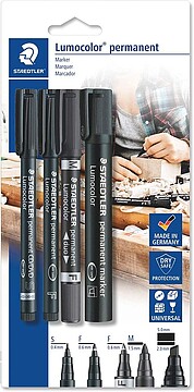 Staedtler Lumocolor Permanente Pack de 4 Marcadores Permanentes - Diferentes Pontas - Resistente à Água - Recarregáveis - Cor Preta 60 BK