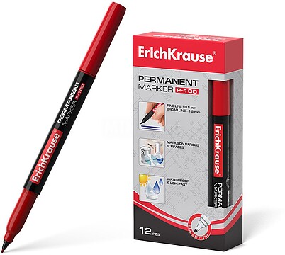 Erichkrause P-100 Marcador Permanente - Ponta Fina - Traço de 0.5 a 1.2mm - Resistente à Água e aos Raios UV - Cor Vermelha 12843