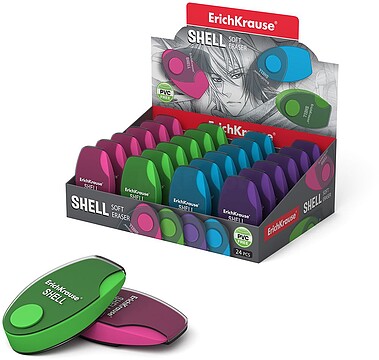 Erichkrause Shell Borrador Suave de Forma Original - Fabricado de Caucho Termoplástico Hipoalergénico - Carcaça Protetora de Plástico com Mecanismo Deslizante - Cor Azul 35133