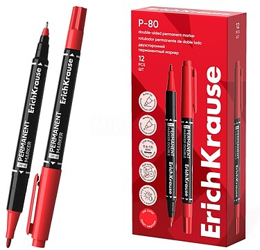 ErichKrause Rotulador Permanente Double P-80 - Ponta de bala de 1.65mm - Ponta de agulha de 0.45mm - Resistente à água e à luz - Multissuperfície - Corpo redondo - Cor vermelha EK48185