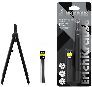 ErichKrause Megapolis Compasso Escolar - Inclui 10 Minas de Reposição 2B 0.5 - 130mm de Comprimento - Raio Máximo de 160mm - Cor Preta EK64792