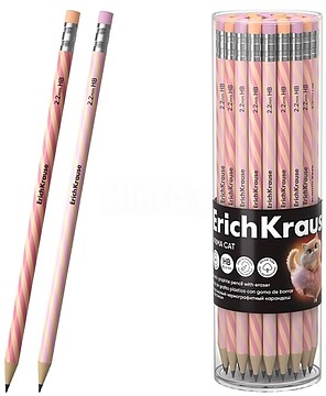 ErichKrause Prima Cat Lápis de Grafite com Borracha - Mina HB - Corpo Redondo - Plástico - Pegada Ergonómica - Cores Sortidas EK65385
