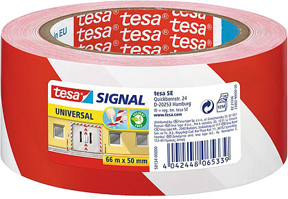 58134-00000-01 Tesa Fita Adesiva de Sinalização 50mm x 66m - Ideal para Sinalizar Obsta&rsquo;culos Permanentes - Adesivo sem solventes - Cor Vermelho/Branco