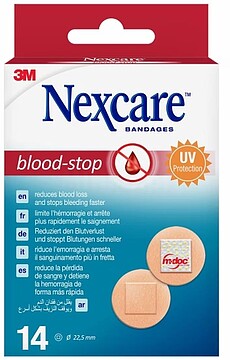 Nexcare Blood-Stop Pack de 14 Apositos Tipo Parche - 22mm de Diametro - Resistente al Agua - Mayor Rapidez Deteniendo Hemorragias - Color Piel 7100301433