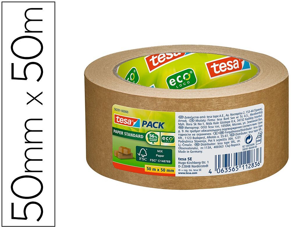 Tesa Tesapack Papel Padrão Cinta Adesiva de Papel 50mmx50m - Feito com 56% de Materiais Biodegradáveis - Papel Proveniente de Florestas Certificadas FSCTM - Cor Marrom 58291-00000-01