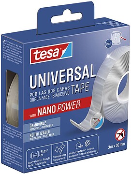 Tesa Fita Dupla-Face Universal com Nano Power 30mm x 3 Metros - Suporta Pesos Pesados - Pode Ser Retirada Sem Deixar Resíduos - Reutilizável - Para Interiores e Exteriores - Transparente