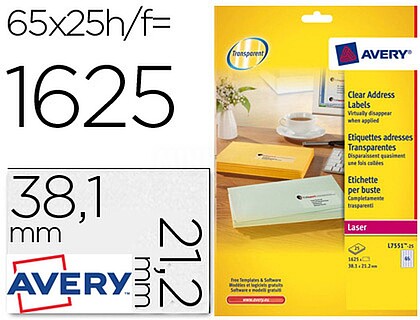 L7551-25 : ETIQUETAS ADESIVAS AVERY DIN A4 IMPRIMIVEIS TRANSPARENTE 38,1X21,2 MM CAIXA DE 25 FOLHAS COM 1625 ETIQUETAS