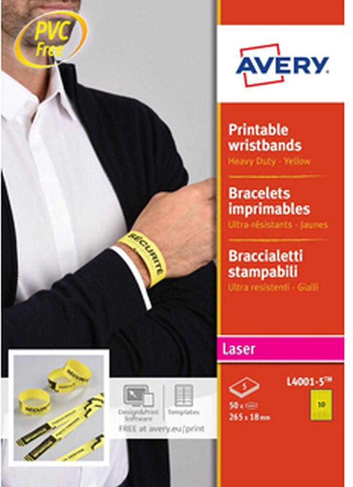 Pulseira Identificativa Avery Polietileno Amarelo Fluorescente Imprimivel LASER 265X18 MM Embalagem de 50 Unidades