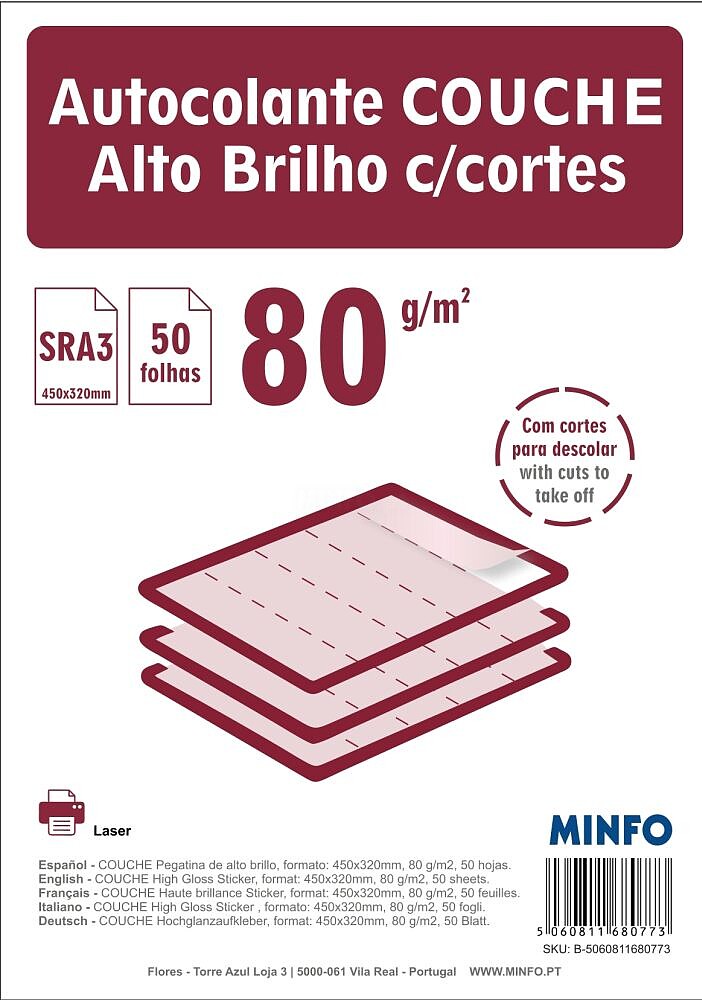 Autocolante COUCHE Alto Brilho C/Cortes 80g : Cortado SRA3 ( pack 50fls )