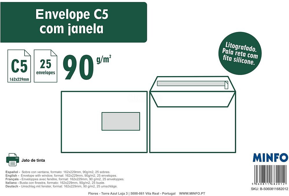 Envelope C5 162x229mm : Litografado Com/Janela 90g/m2 : Pala Recta c/Fita Silicone ( pack 25unid )