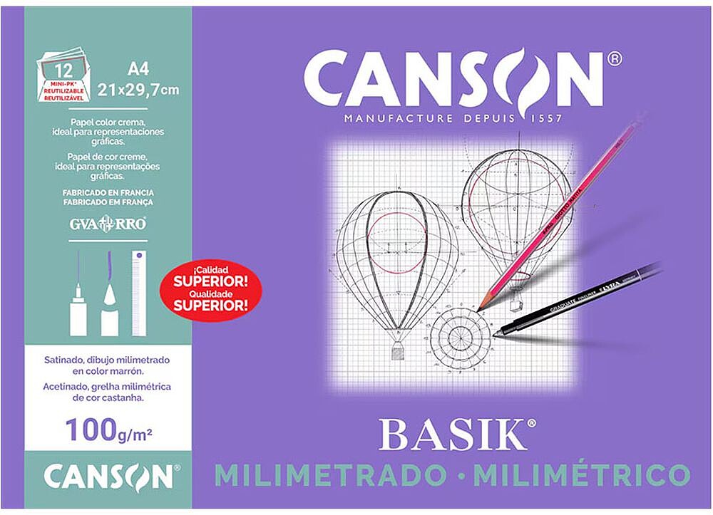 Papel Milimetrico 100gr A4 Canson Basik Minipack 12Fls 1831052