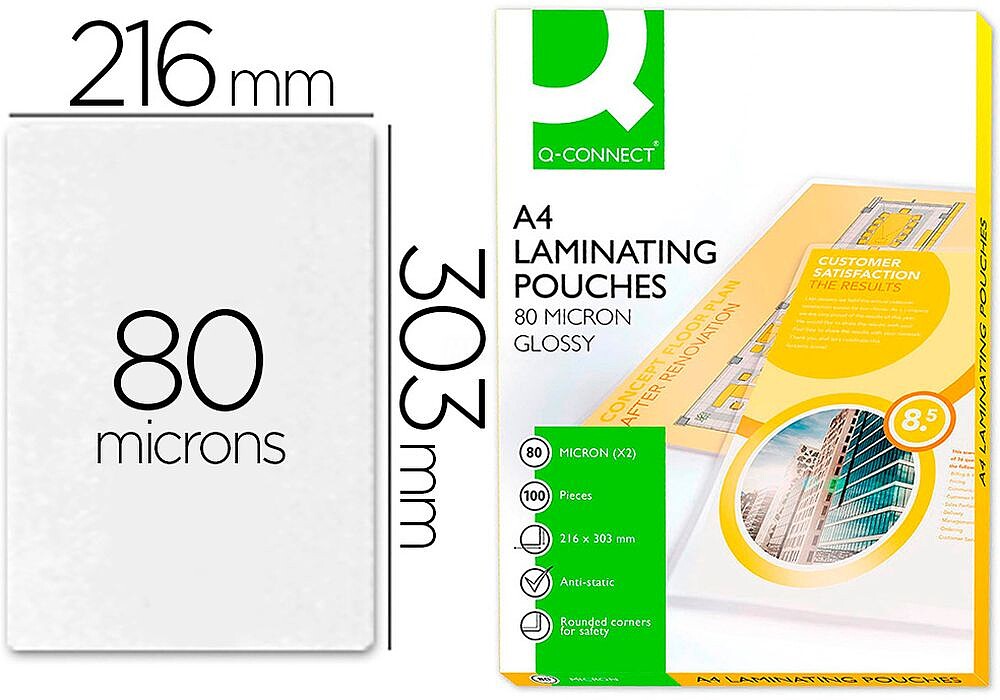 Bolsa de Plastificar Q-Connect 303 X 216 MM 80 MC Din A4 Caixa de 100 Unidades KF04114