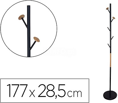 KF17287 : CABIDE METALICO Q-CONNECT PRETO COM DETALHES DE MADEIRA 5 SUPORTES 177X28,5 CM