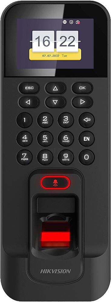 Controlo de acesso e presença - Impressão digital, cartão MF e PIN - 3.000 utilizadores ¦ 100.000 registos - TCP/IP, WiFi, USB, RS485 e Wiegand - 2.4’ TFT ¦ Controlador integrado - iVMS-4200 ¦ Hik-Connect DS-K1T804AMF