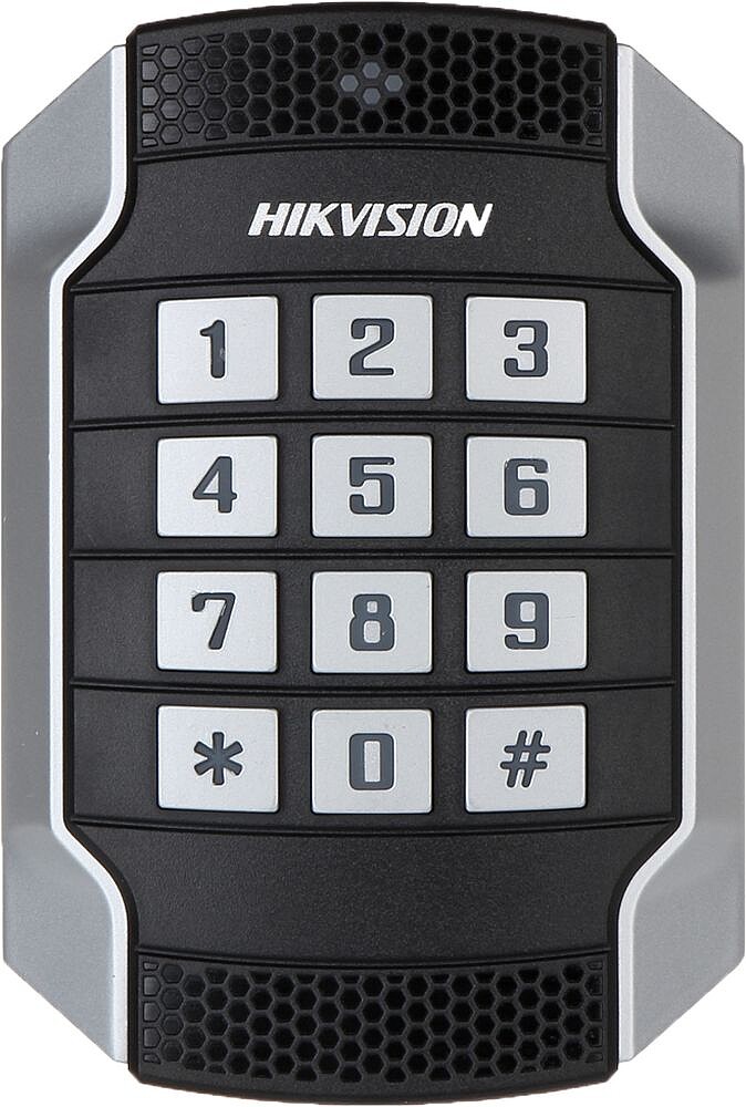 Leitor de acesso - Acesso por cartão MF e PIN - Indicador LED e acústico - Wiegand 26/34 ¦ RS485 - Compatível com os controladores Hikvision - Adequado para uso exterior IP65 ¦ IK10 DS-K1104MK