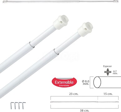 Barra de Cortina Extensível 23/38 cm. COM Mola de Pressão, Suportes e Ventosas (2 Peças)