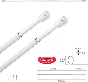 Barra de Cortina Extensível 70/88 cm. COM Suporte, Sem Mola...