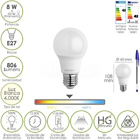 Lâmpada LED Standard Rosca E27. 8 Watt. Equivalente a 65 Wa...