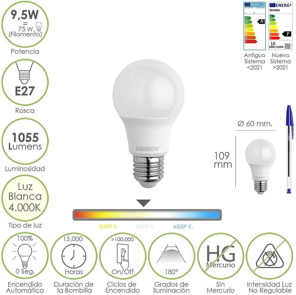 Lâmpada LED Standard Rosca E27. 9.5 Watt. Equivalente a 75 Watt. 1055 Lumens. Luz Neutra (4000º K.) Lâmpada LED Standard Rosca E27. 9.5 Watt. Equivalente a 75 Watt. 1055 Lumens. Luz Neutra (4000º K.)