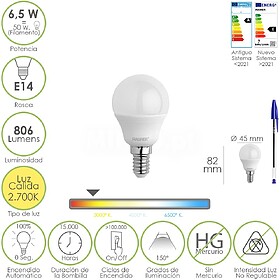 Lâmpada LED Esfera Rosca E14. 6.5 Watt. Equivalente a 50 Wa...