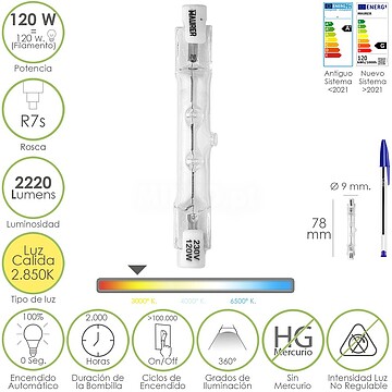 Lâmpada Halogénea Para Focos Rosca R7S. 120 Watt. 2220 Lumens. Luz Quente (2850º K) Lâmpada Halogénea Para Focos Rosca R7S. 120 Watt. 2220 Lumens. Luz Quente (2850º K.)