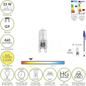 Lâmpada Halogénea G-9 33 W. 460 lúmenes. Luz quente (3.00...