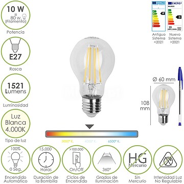 Lâmpada LED Filamento Standard Rosca E27. 10 Watt. Equivale a 80 Watt. 1521 Lumens. Luz Neutra 4000º K. Lâmpada LED Filamento Standard Rosca E27. 10 Watt. Equivale a 80 Watt. 1521 Lumens. Luz Neutra 4000º K