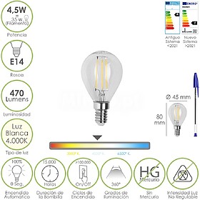Lâmpada LED Filamento Globo Rosca E14. 4,5 Watt. Equivalent...