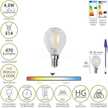Lâmpada LED Filamento Globo Rosca E14. 4,5 Watt. Equivalente a 35 Watt. 470 Lumens. Luz Neutra 4000º K. Lâmpada LED Filamento Globo Rosca E14. 4,5 Watt. Equivalente a 35 Watt. 470 Lumens. Luz Neutra 4000º K