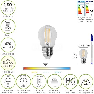 Lâmpada LED Filamento Globo Rosca E27. 4,5 Watt. Equivalente a 35 Watt. 470 Lumens. Luz Neutra 4000º K. Lâmpada LED Filamento Globo Rosca E27. 4,5 Watt. Equivalente a 35 Watt. 470 Lumens. Luz Neutra 4000º K