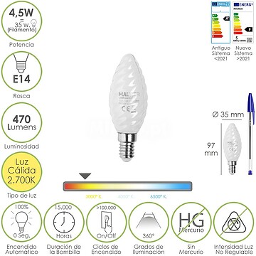 Lâmpada LED Filamento Vela Esmirilada E14. 4,5 Watt. Equivalente a 35 Watt. 470 Lumens. Luz QUENTE 2700º K. Lâmpada LED Filamento Vela Esmirilada E14. 4,5 Watt. Equivalente a 35 Watt. 470 Lumens. Luz QUENTE 2700º K