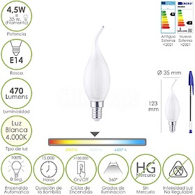 Lâmpada LED Filamento Vela Chama Fosca E14. 4,5 Watt. Equiv...