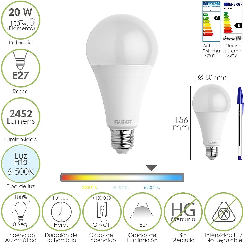 Lâmpada LED Standard Rosca E27. 20 Watt. Equivalente a 150 Watt. 2452 Lumens. Luz Fria (6500º K.) Lâmpada LED Standard Rosca E27. 20 Watt. Equivalente a 150 Watt. 2452 Lumens. Luz Fria (6500º K.)