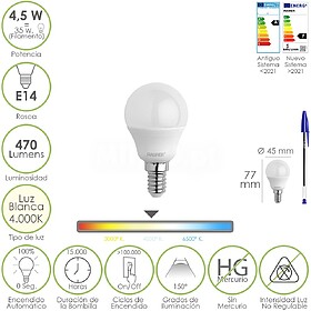 Lâmpada LED Esférica Rosca E14 4.5 Watt. Equivalente A 35 ...