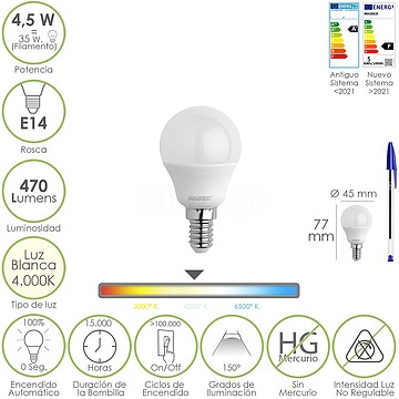 Lâmpada LED Esférica Rosca E14 4.5 Watt. Equivalente A 35 Watt. 470 Lumens. Luz Neutra (4000º K) Lâmpada LED Esférica Rosca E14 4.5 Watt. Equivalente A 35 Watt. 470 Lumens. Luz Neutra (4000º K)