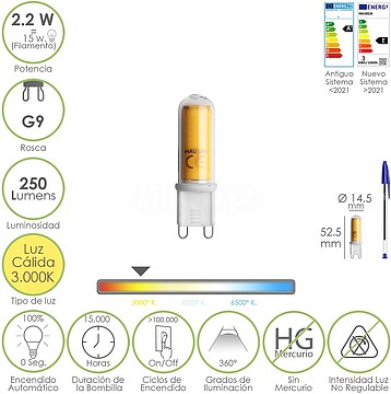 Lâmpada LED Rosca G9. 2.2 Watt. Equivale a 15 Watt. 250 Lumens. Luz QUENTE (3000º K.) Lâmpada LED Rosca G9. 2.2 Watt. Equivale a 15 Watt. 250 Lumens. Luz QUENTE (3000º K.)