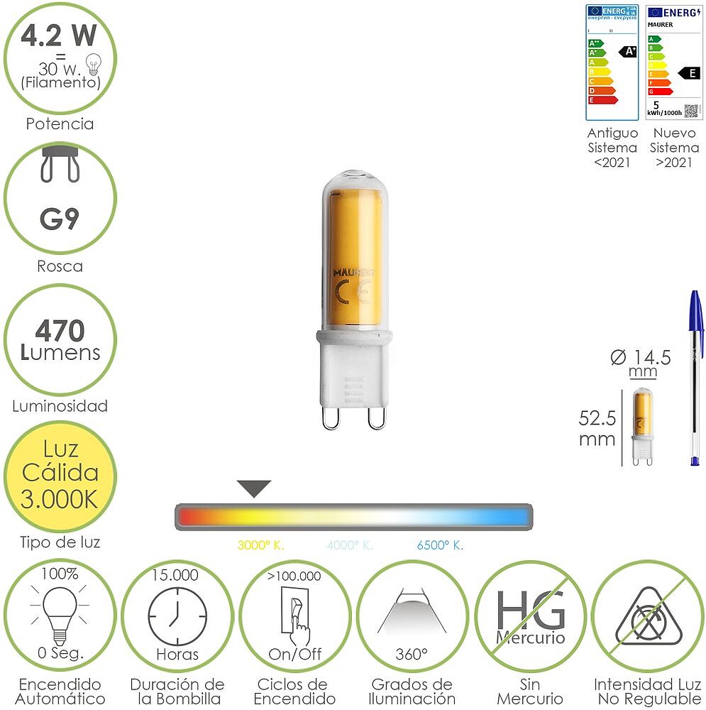 Lâmpada LED Rosca G9. 4.2 Watt. Equivalente a 15 Watt. 470 Lumens. Luz QUENTE (3000º K.) Lâmpada LED Rosca G9. 4.2 Watt. Equivalente a 15 Watt. 470 Lumens. Luz QUENTE (3000º K.)