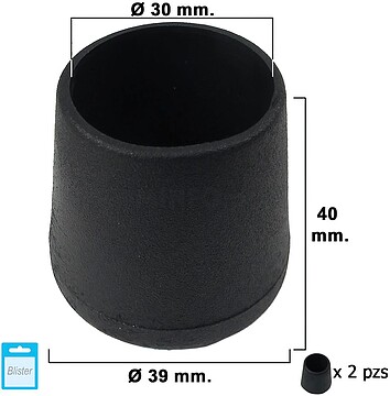 Ponteira Cónica PRETO 30mm. Blister 2 peças