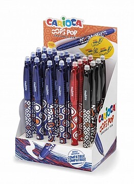 Expositor de 24 Canetas Esferográficas Borráveis Carioca Oops Pop - Termo Sensível - Empunhadura Texturizada - Ponta de Ø 0.7mm - Dupla Borracha - Recargas Compatíveis - Cores Sortidas CA41045