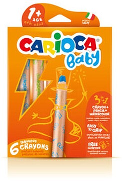 Carioca Baby 1+ 3em1 Pacote de 6 Lápis - Lápis de Cera e Água-tinta num só - Corpo Extra-grande - Àgua-tinta - Mocho Incluído - Cores Brilhantes e Laváveis - Várias Cores CA42817