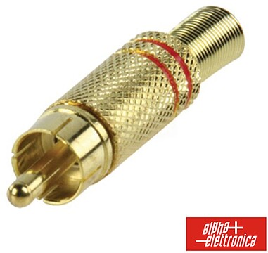 G-17-75R : FICHA RCA MACHO DOURADA-VERMELHA C/ PROTECÇÃO DE CABO