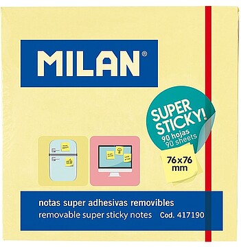Bloco de 90 Notas Superadesivas de Milan - Removíveis - Maior Permanência - 76mm x 76mm - Amarelo Claro 417190