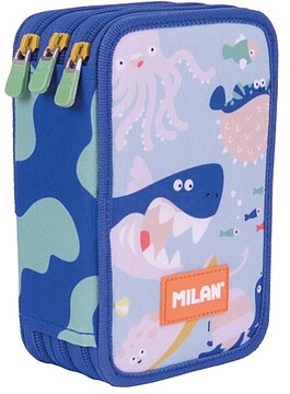 Milan Blue Odyssey Estojo de 3 Divisórias com Borracha - Afia-lápis - Lápis - 3 Canetas - Régua - 12 Lápis de Cor - 6 Lápis de Cor Metalizados - 5 Marcadores Fluorescentes - Tesoura e 18 Marcadores - 19.5x13x7.5cm - Multicolor 081364BD