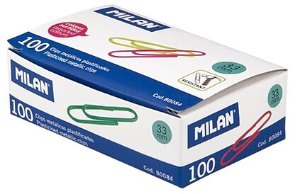 Caixa de 100 Clips Metálicos Plastificados 33mm - Milan - Cores Sortidas 80084