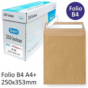 Caixa 250 Sacos DIN B4 Folio (250X353) Kraft 90 GRS. Autoadesivo Autoadhesivo com Tira de Silicone SAM 145607