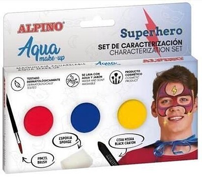 Conjunto de Maquilhagem Alpino Aqua Super-Heróis - 3 Pó Compactos + Cera Negra + Pincel + Esponja DL000681