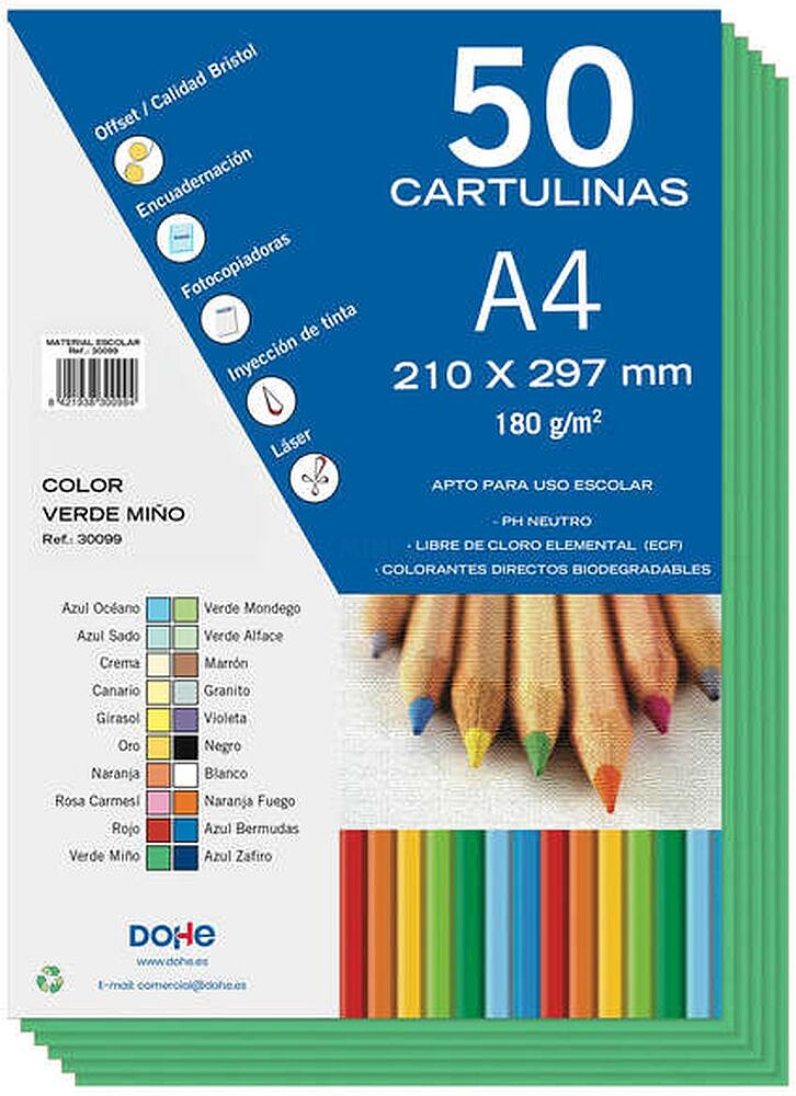 Pacote Dohe de 50 Cartulinas A4 180g/m2 - pH Neutro - Livres de Cloro Elemental - Corantes Biodegradáveis - Verde Miño DO30099