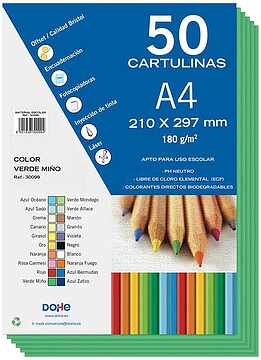 Pacote Dohe de 50 Cartulinas A4 180g/m2 - pH Neutro - Livres de Cloro Elemental - Corantes Biodegradáveis - Verde Miño DO30099