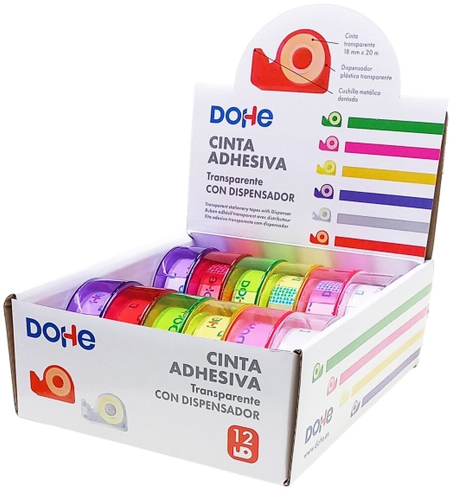 Expositor Dohe com 12 Mini Suportes de Rolo - Fita Adesiva 18mm x 20m - Cores Sortidas DO50974